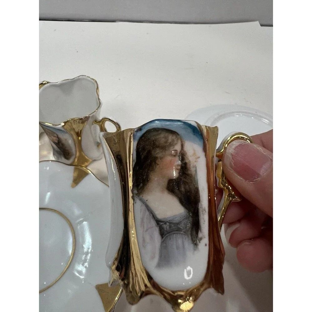 Vintage European Art Nouveau Portrait Demitasse Cups Saucers Mold 1066 Gilding